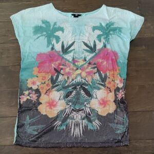 H&M Teal and Pink Tropical Print Short Sleeve Top With Sequin